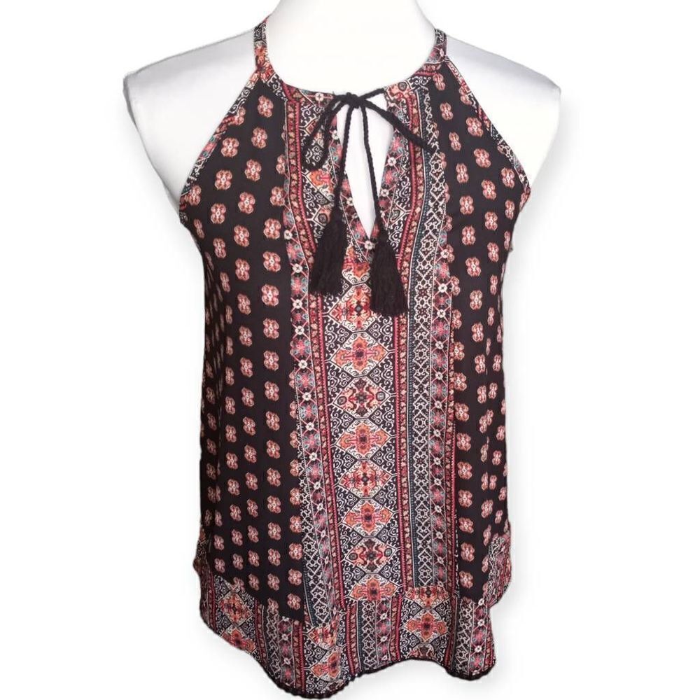 PINK REPUBLIC BLACK & RED FLORAL TASSEL TANK TOP SZ. XS EUC